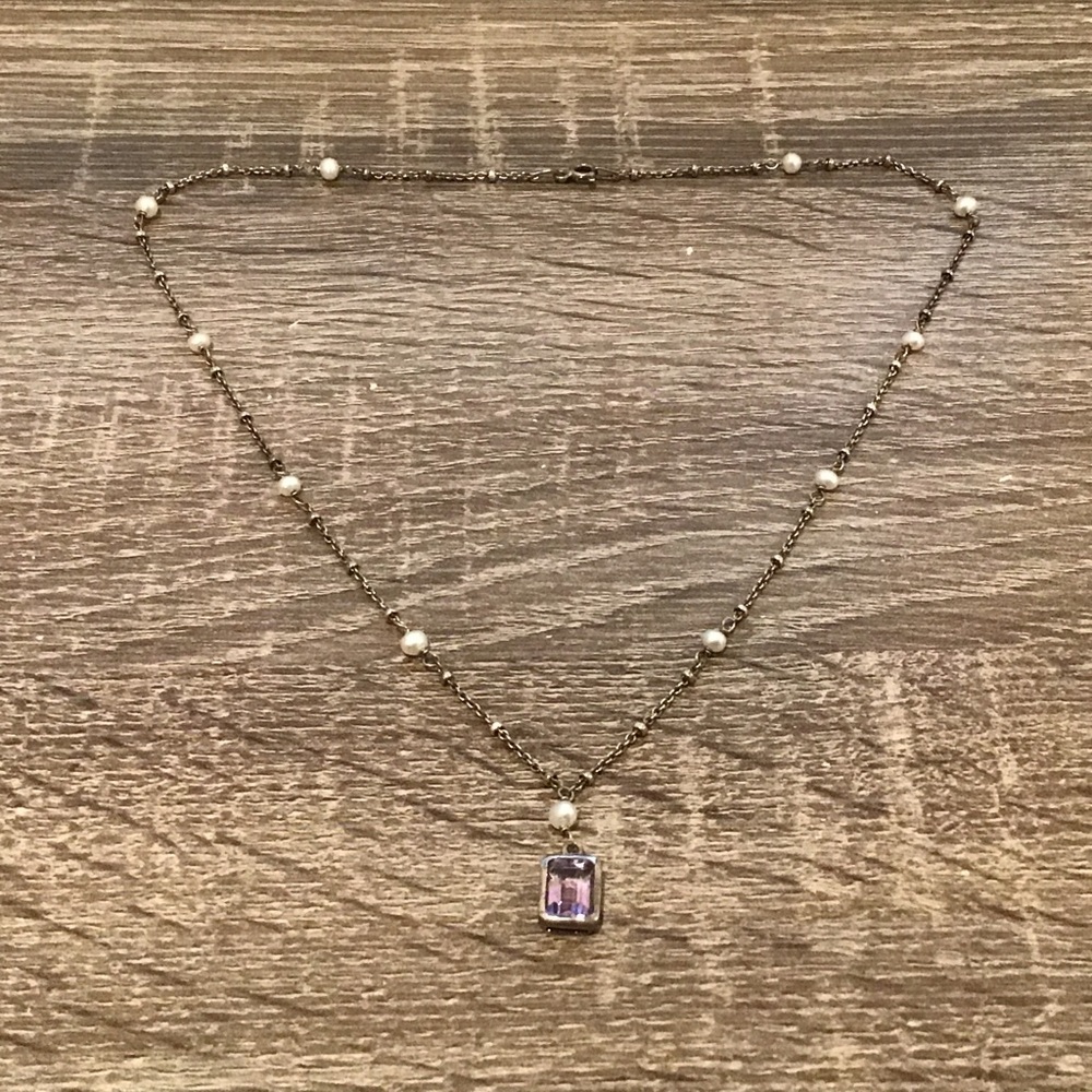 Sterling Silver Purple Amethyst Pendant Pearl Beaded Chain Necklace 17" Long
